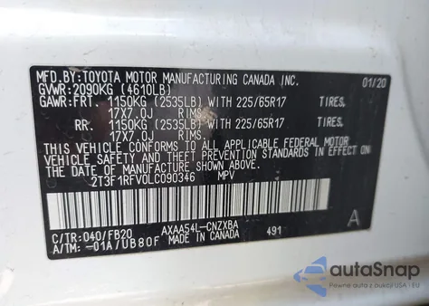 2020 Toyota Rav4 Le из США, поврежденный, VIN 2T3F1RFV0LC090346